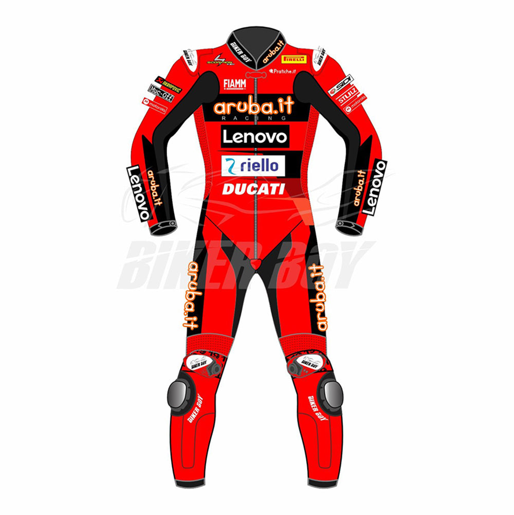 Alvaro Bautista 2023 Ducati Aruba.it SBK Racing Suit with red and black design, featuring protective gear and sponsor logos.