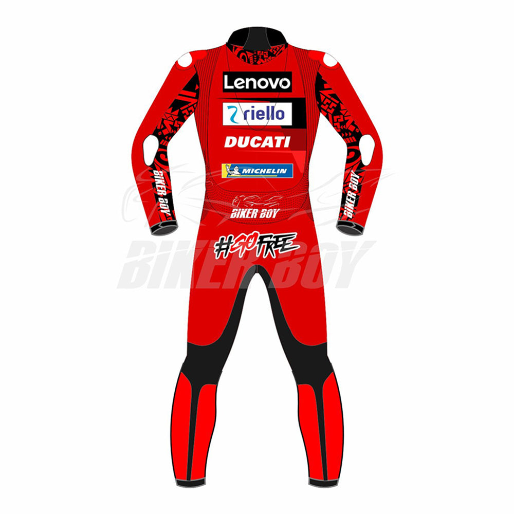 Francesco Bagnaia 2023 MotoGP Racing Suit – Lenovo Ducati Red, designed for peak performance and protection, offering premium leather construction for high-speed racing in the MotoGP 2023 season.