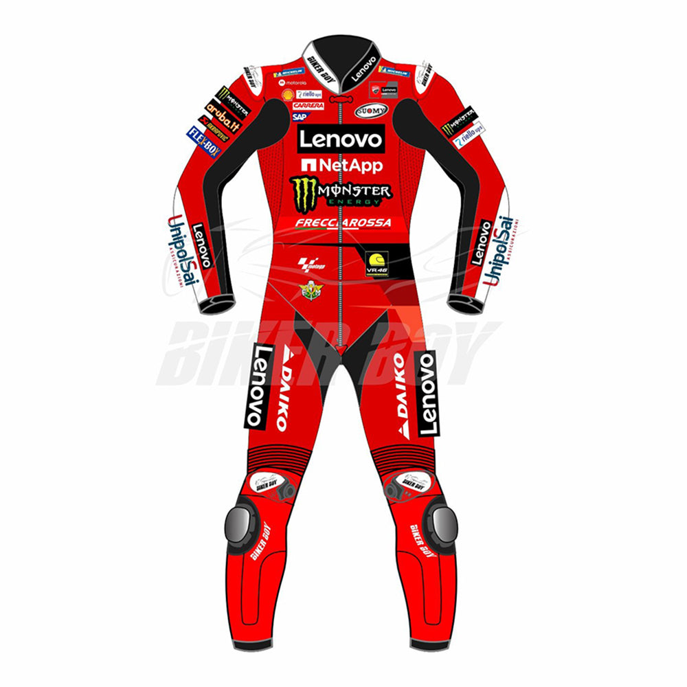 Francesco Bagnaia 2023 MotoGP Racing Suit – Lenovo Ducati Red, designed for peak performance and protection, offering premium leather construction for high-speed racing in the MotoGP 2023 season.