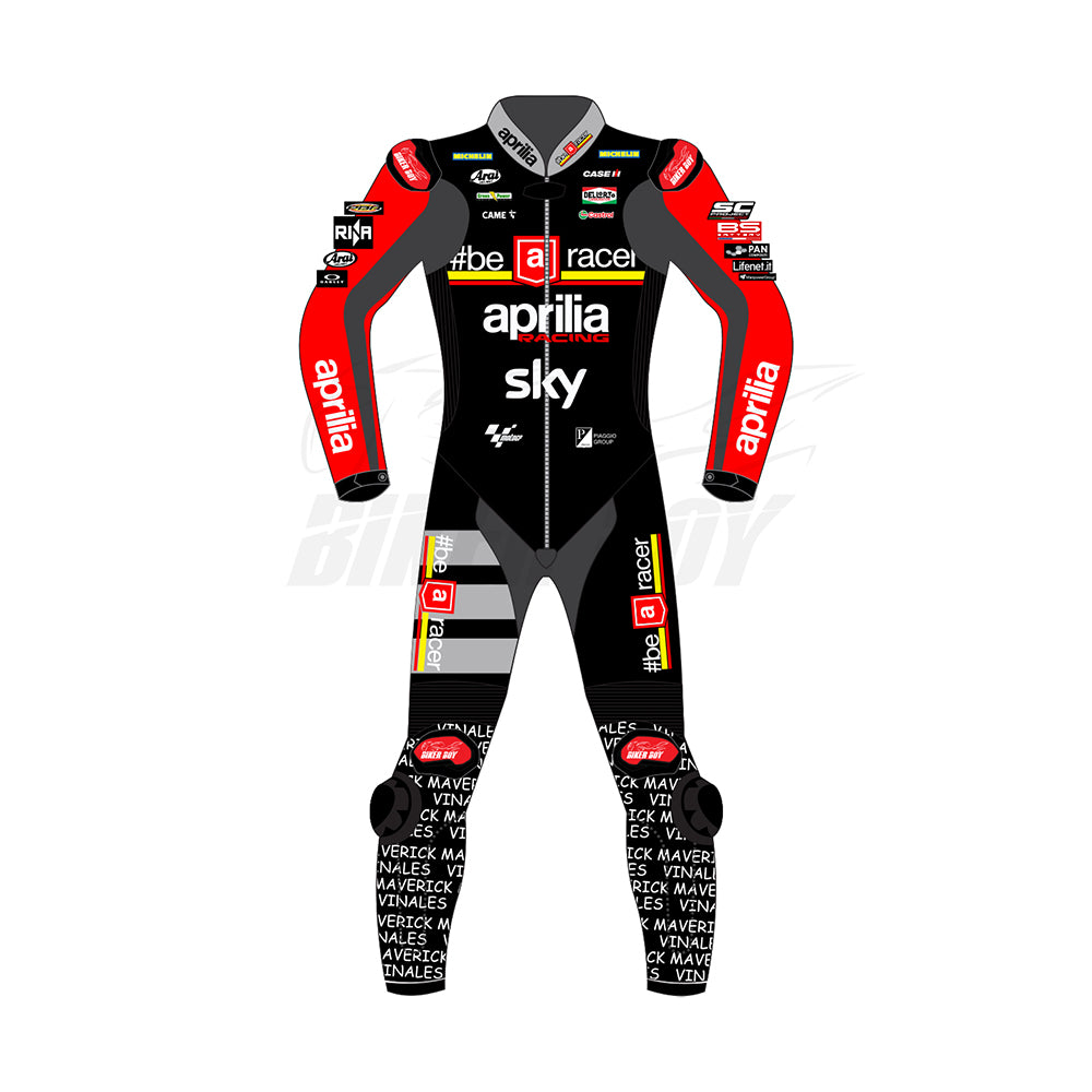 Maverick Vinales Aprilia Racing Suit – British GP 2024 | MotoGP Leather Suit with Aprilia and Sky Branding for Professional Track Protection