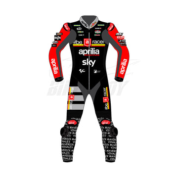Maverick Vinales Aprilia Racing Suit – British GP 2024 | MotoGP Leather Suit with Aprilia and Sky Branding for Professional Track Protection
