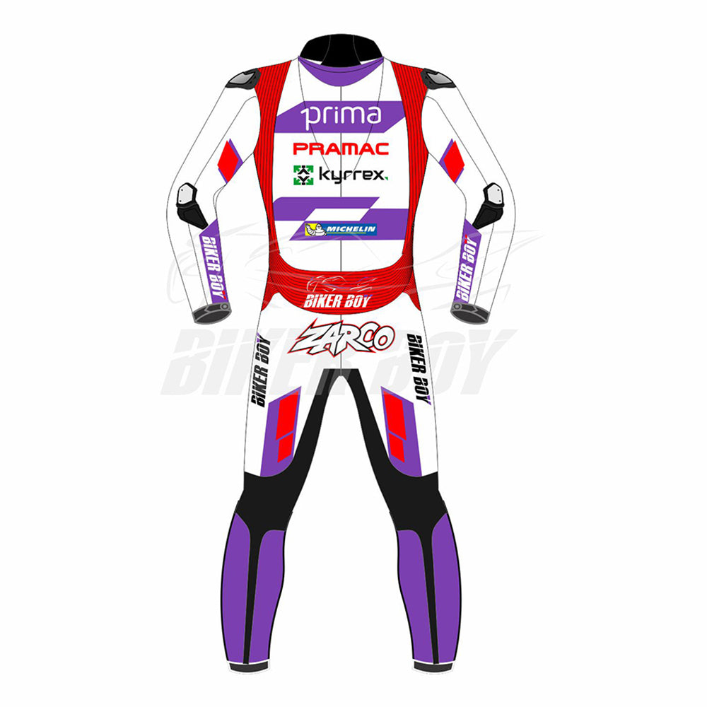 Johann Zarco 2023 Pramac Ducati MotoGP Racing Suit – Premium leather racing suit designed for ultimate protection, comfort, and agility, crafted for Johann Zarco in the 2023 MotoGP season.