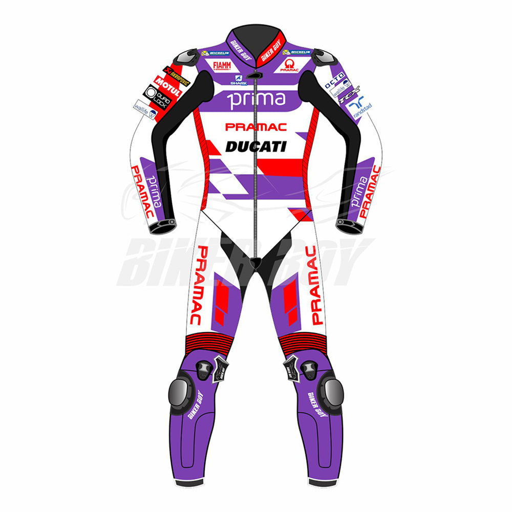 Johann Zarco 2023 Pramac Ducati MotoGP Racing Suit – Premium leather racing suit designed for ultimate protection, comfort, and agility, crafted for Johann Zarco in the 2023 MotoGP season.