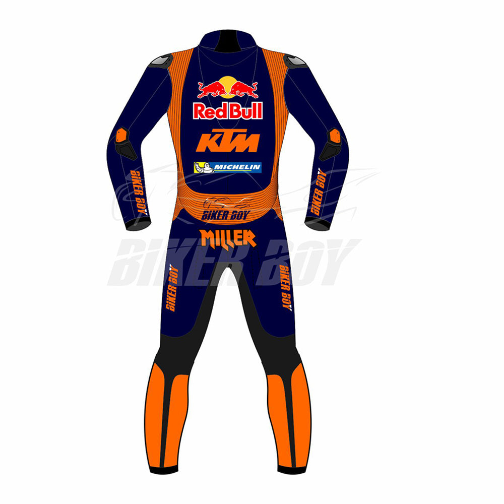 Jack Miller 2023 Red Bull KTM MotoGP Racing Suit – Premium gear crafted from full leather for superior protection, comfort, and performance, designed for Jack Miller in the 2023 MotoGP season.