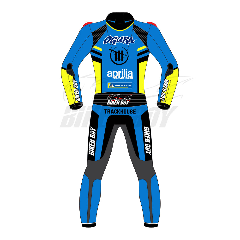 Aprilia Trackhouse MotoGP 2025 race inspired leather riding suit with CE armor and track focused design
