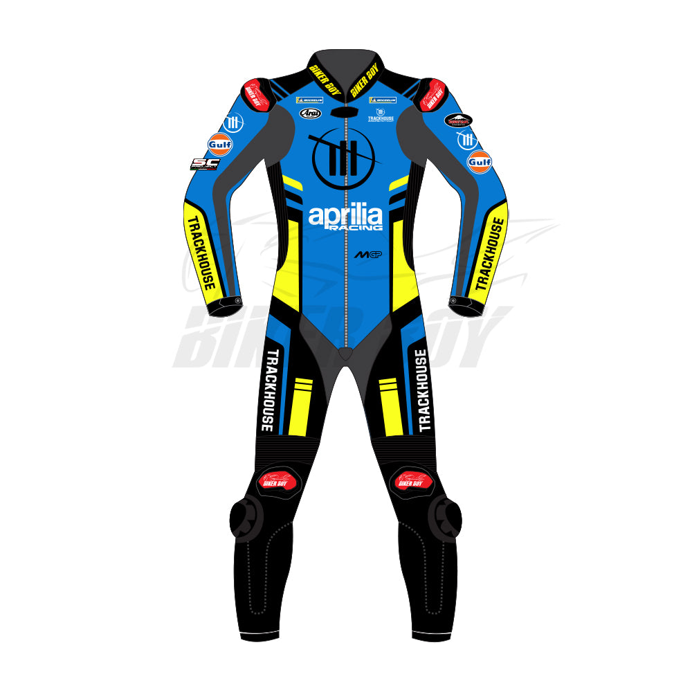 Ai Ogura inspired Aprilia Trackhouse 2025 MotoGP racing suit front view with aerodynamic race fit