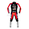 Authentic Aprilia MotoGP 2022 Aleix Espargaró racing leather suit – replica gear with sponsor logos, pro rider safety armor, track-ready motorcycle apparel.