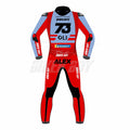 Close-up view of a Ducati MotoGP racing suit worn by Alex Marquez, featuring protective gear, sponsor logos, and sleek aerodynamic design.