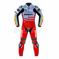 MotoGP racing suit featuring Ducati branding, designed for Alex Marquez with sponsor logos and red, blue, and yellow color scheme.