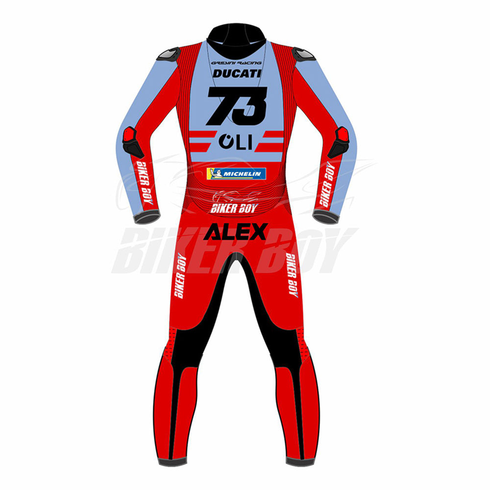 Close-up view of a Ducati MotoGP racing suit worn by Alex Marquez, featuring protective gear, sponsor logos, and sleek aerodynamic design.