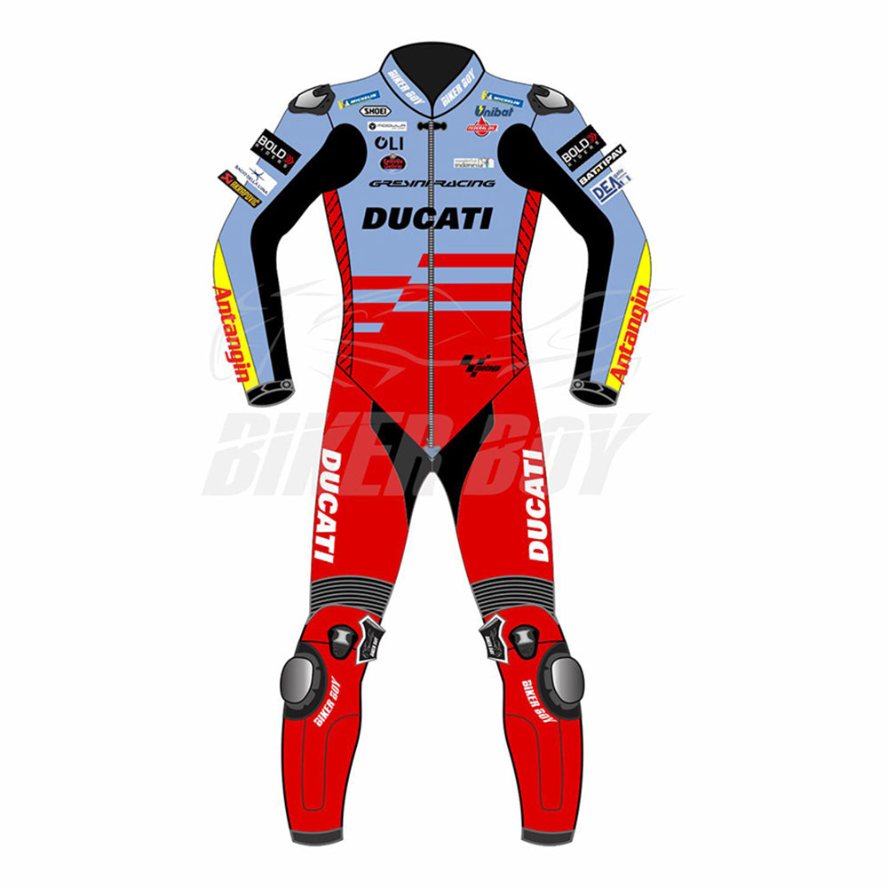MotoGP racing suit featuring Ducati branding, designed for Alex Marquez with sponsor logos and red, blue, and yellow color scheme.