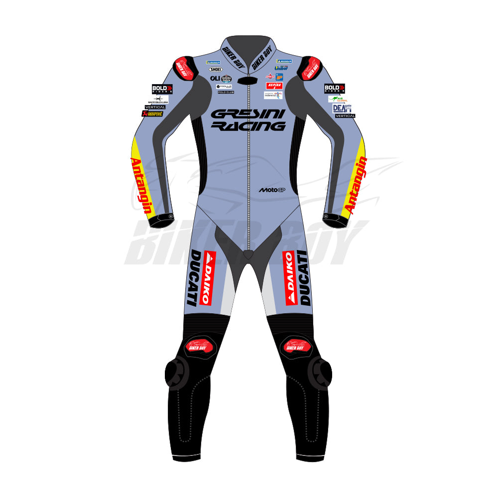 Alex Marquez inspired Gresini Ducati 2025 MotoGP racing suit front view with aerodynamic race fit