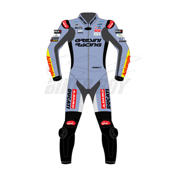 Alex Marquez inspired Gresini Ducati 2025 MotoGP racing suit front view with aerodynamic race fit