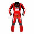 Close-up of the 2023 Ducati Aruba.it SBK Racing Suit, designed for Alvaro Bautista, with leather construction and racing padding.
