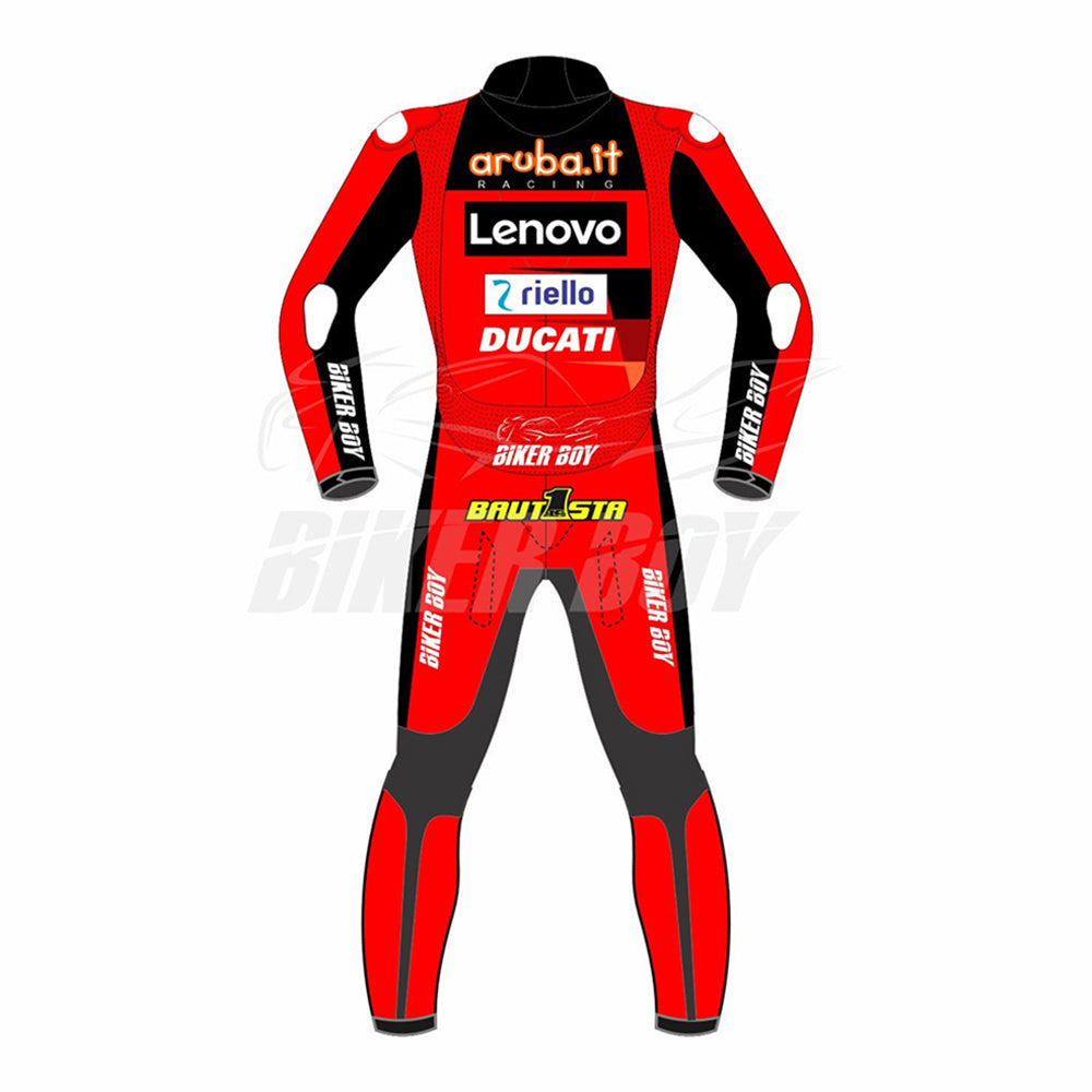 Close-up of the 2023 Ducati Aruba.it SBK Racing Suit, designed for Alvaro Bautista, with leather construction and racing padding.