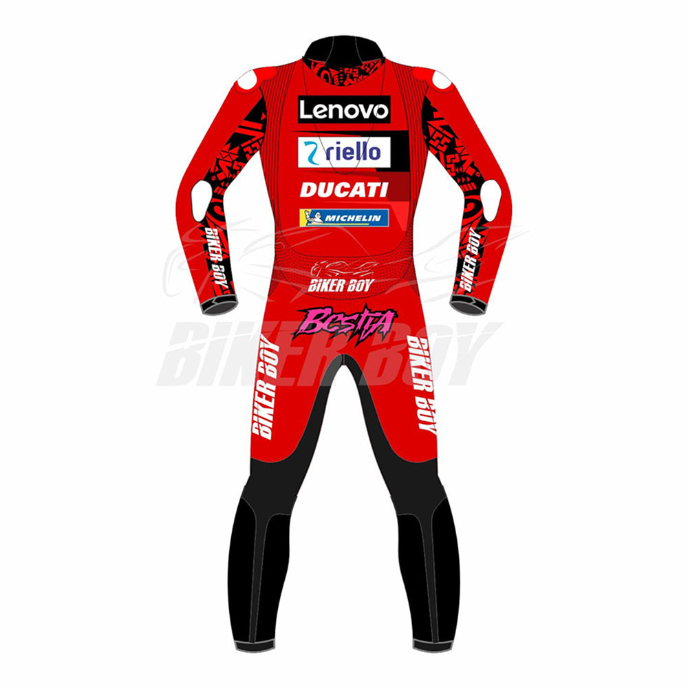 2023 Enea Bastianini MotoGP Ducati Racing Suit – Official premium leather racing suit crafted for Enea Bastianini, providing advanced safety and performance features for MotoGP competition.