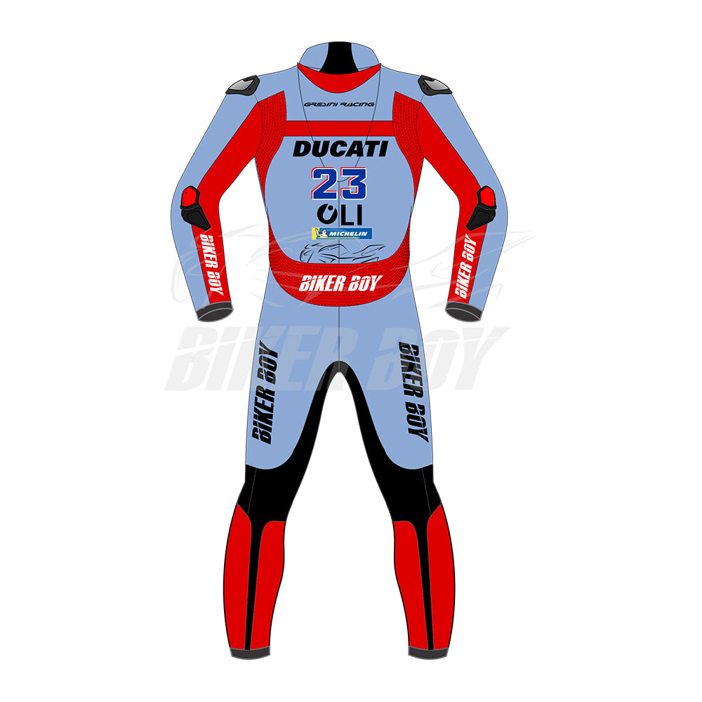 Enea Bastianini Ducati Gresini MotoGP Racing Suit 2022 Le Mans GP – Light Blue Leather Motorcycle Suit with CE Armor and Custom Fit Option