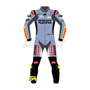 Fermin Aldeguer inspired Gresini Ducati 2025 MotoGP racing suit front view with aerodynamic race fit