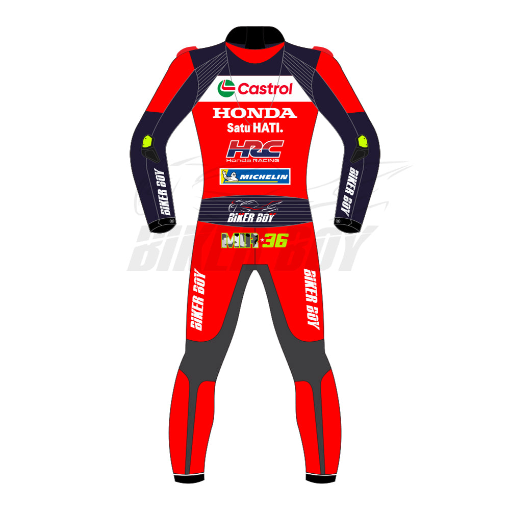 Joan Mir inspired Honda HRC 2025 MotoGP race leather suit front view with aerodynamic speed hump