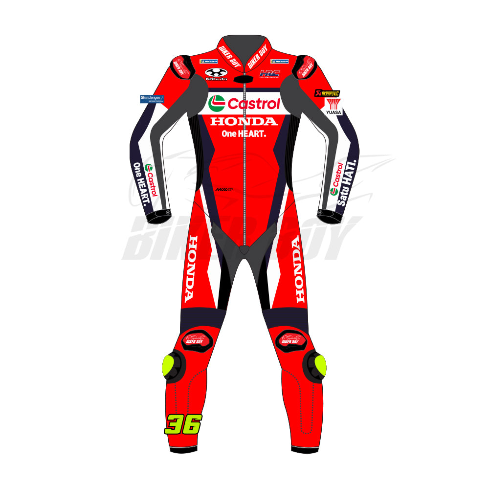 Joan Mir inspired Honda HRC 2025 MotoGP race leather suit front view with aerodynamic speed hump