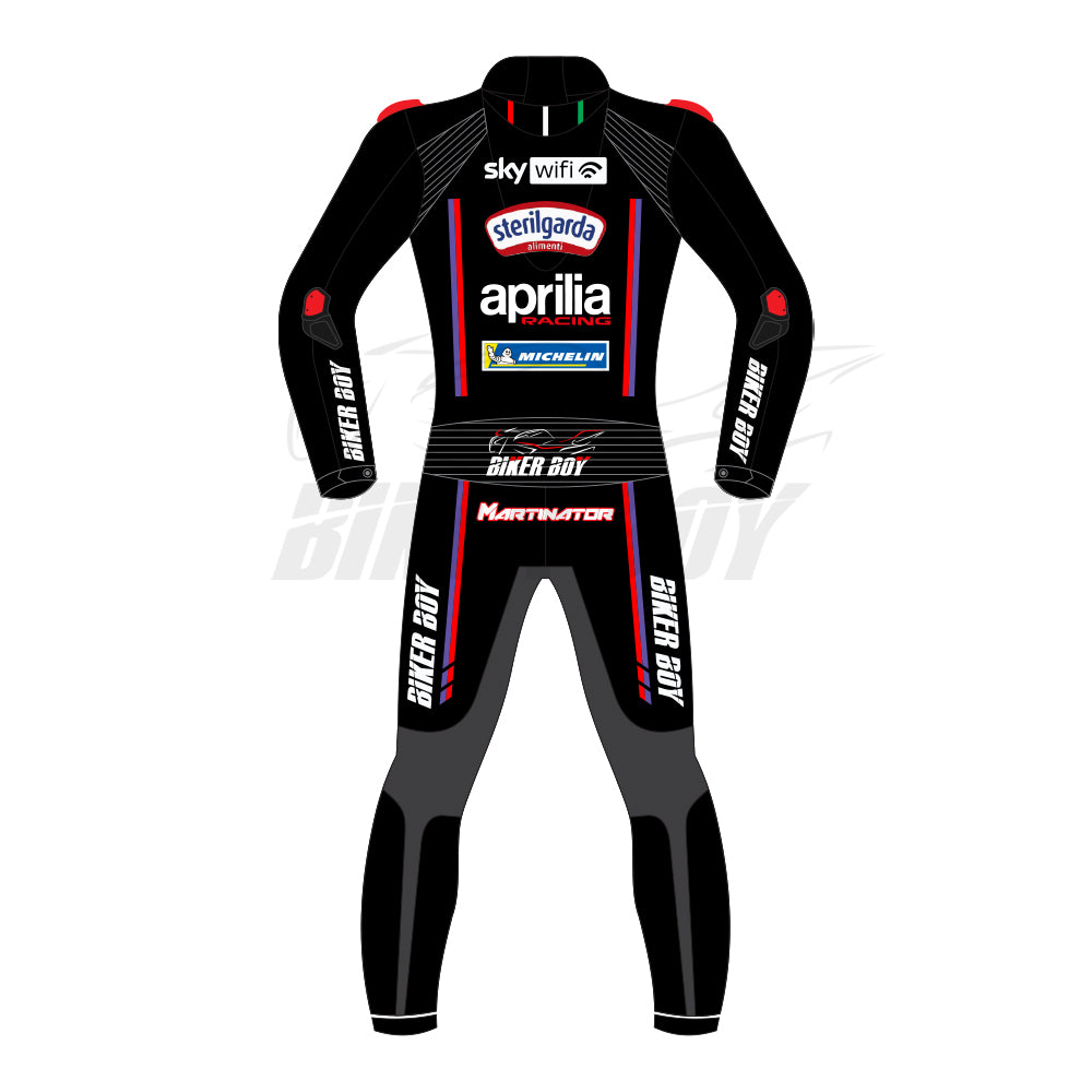 Jorge Martin 2025 Aprilia MotoGP track racing leather suit front view with aerodynamic race fit