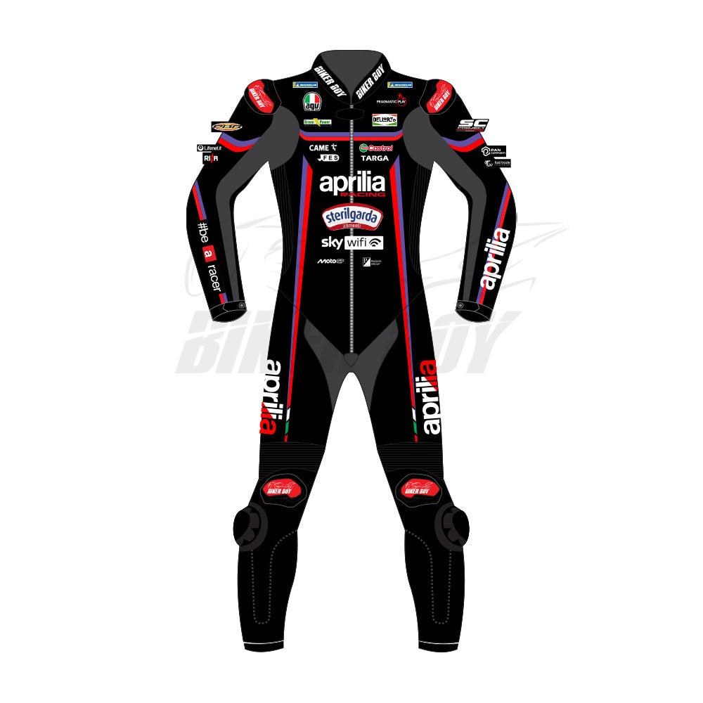 Jorge Martin 2025 Aprilia MotoGP track racing leather suit front view with aerodynamic race fit