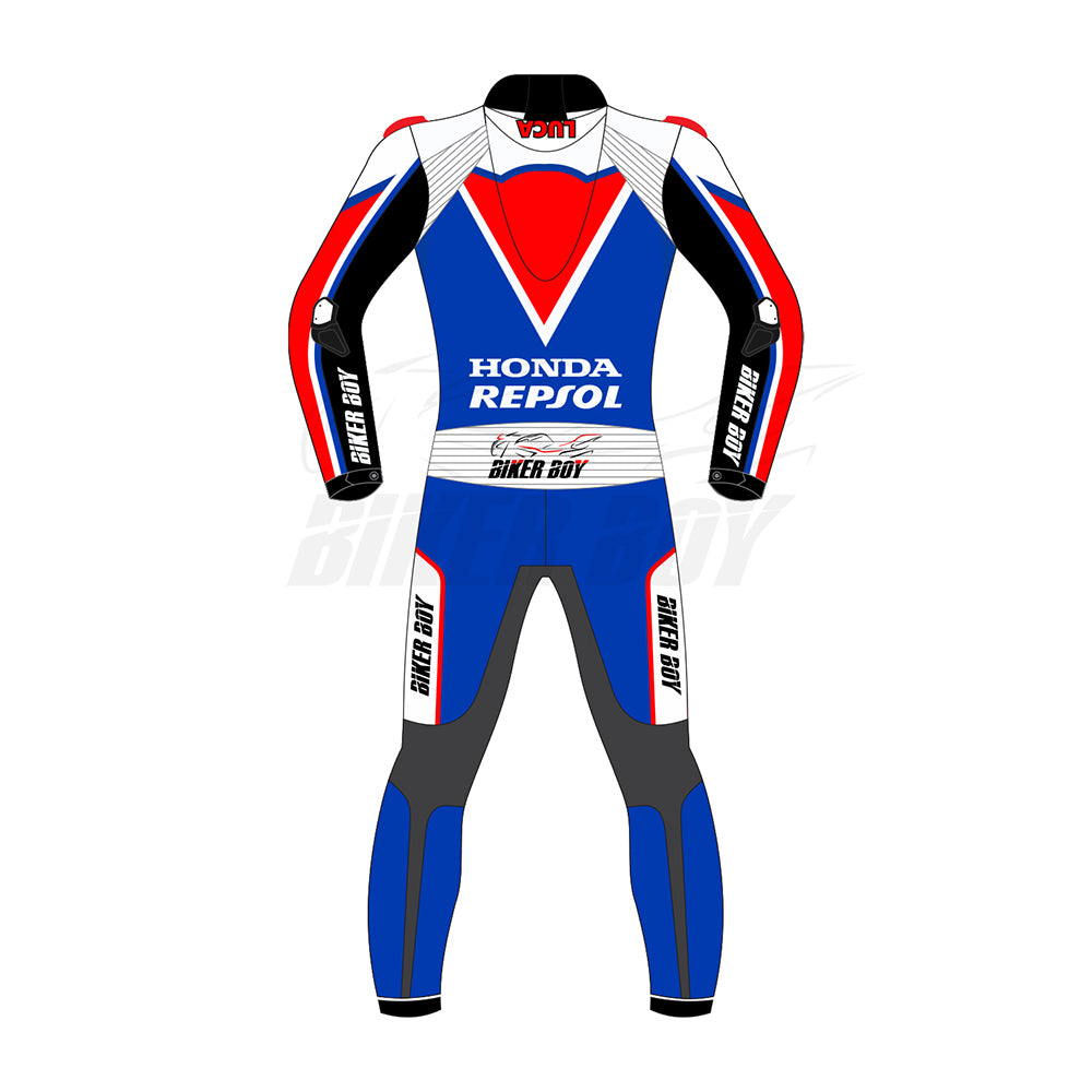 Luca Marini Honda Racing Suit – British GP 2024 | MotoGP Leather Suit with Repsol Branding for Professional Riders and Enthusiasts