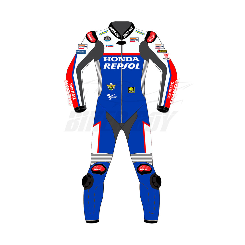 Luca Marini Honda Racing Suit – British GP 2024 | MotoGP Leather Suit with Repsol Branding for Professional Riders and Enthusiasts