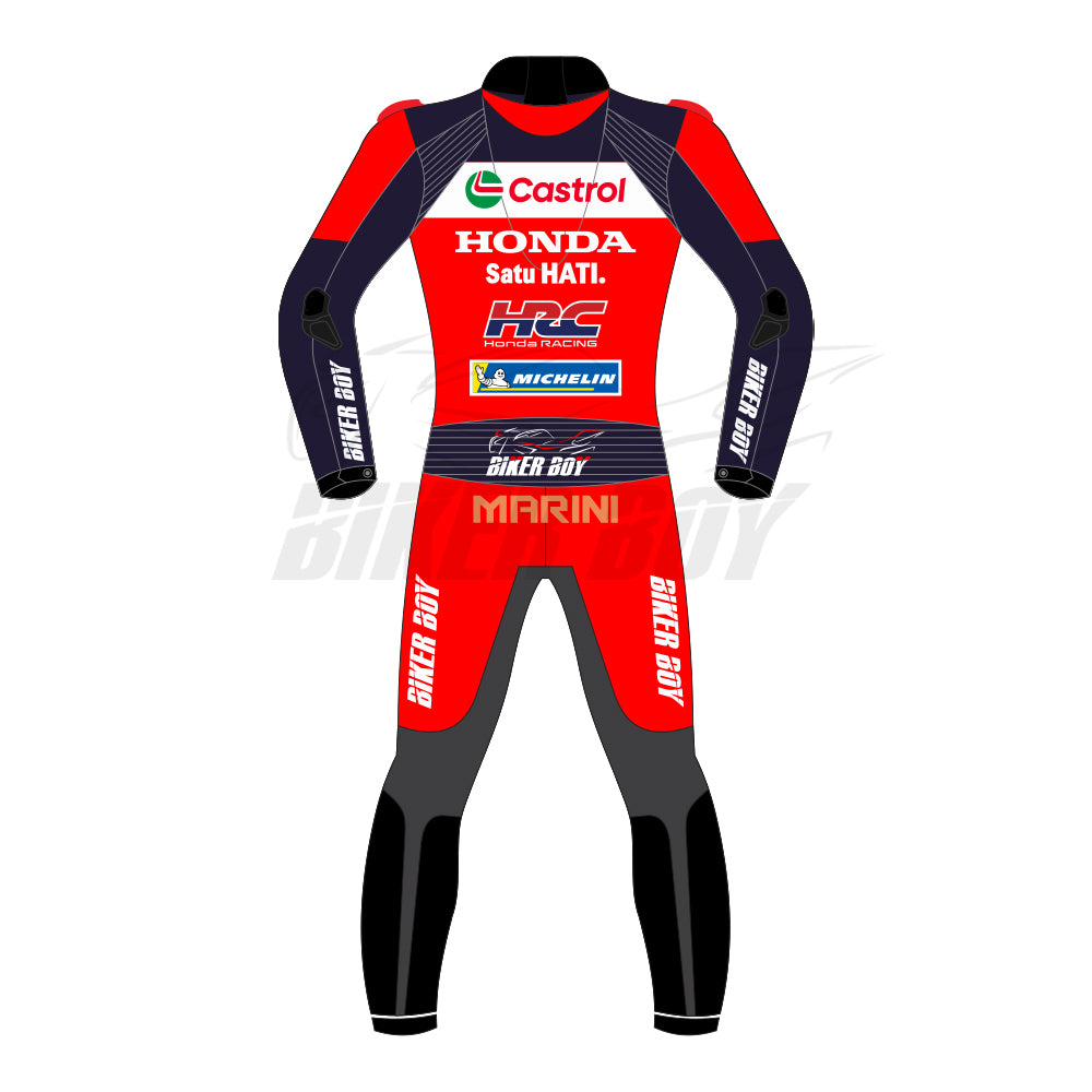 Luca Marini inspired Honda 2025 MotoGP racing suit front view with aerodynamic race fit