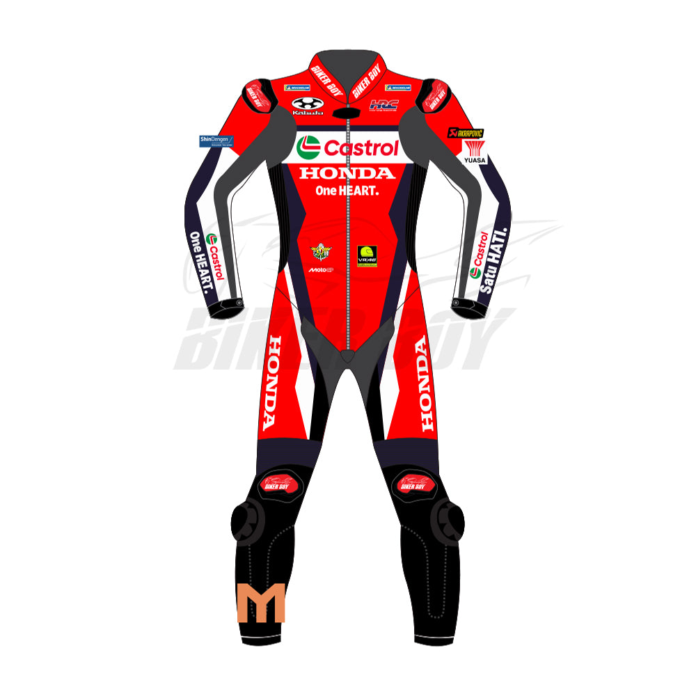 Luca Marini inspired Honda 2025 MotoGP racing suit front view with aerodynamic race fit