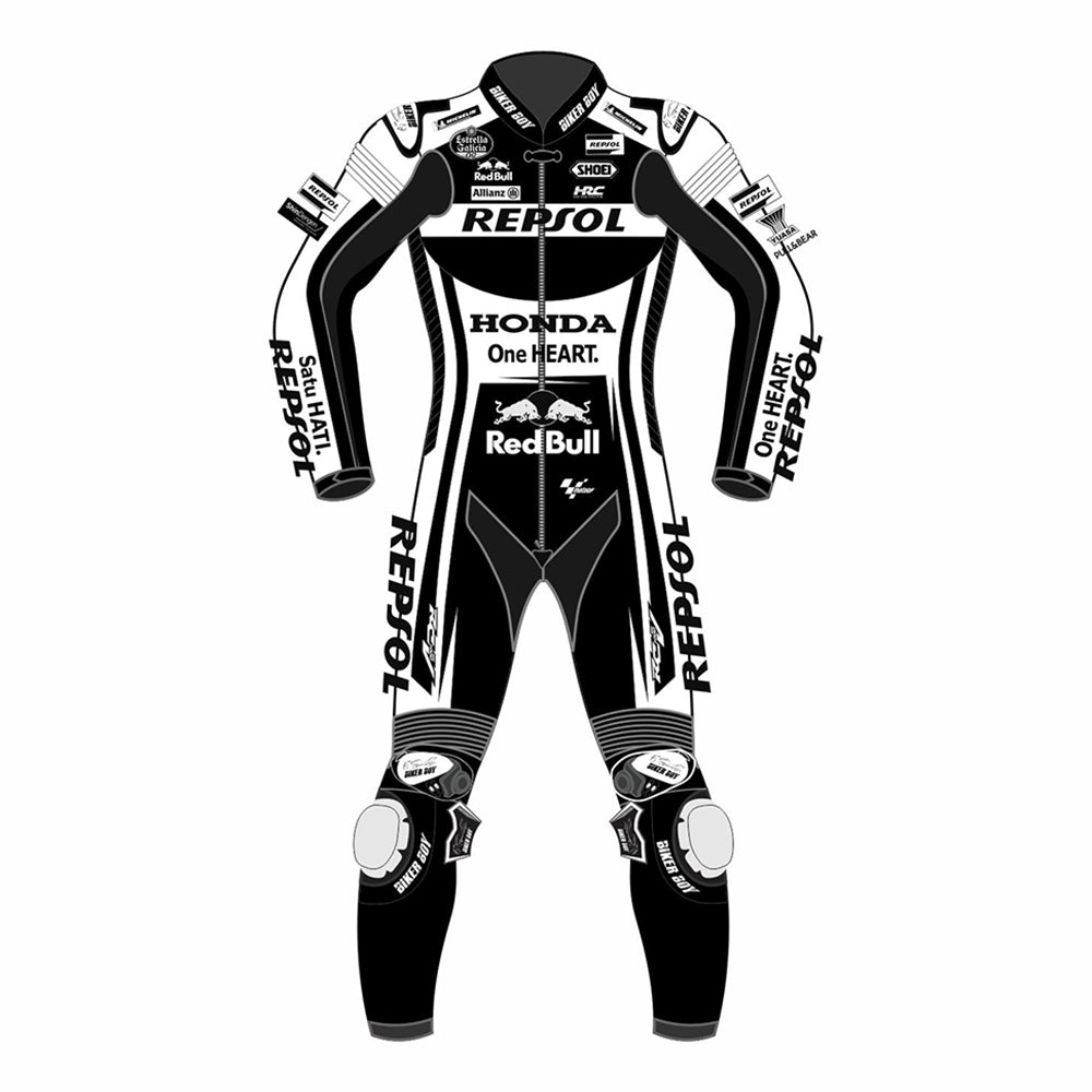 Marc Marquez 2022-23 Winter Test Repsol Honda Race Suit – Full leather gear designed for optimal protection and performance during winter testing, crafted for Marc Marquez in the 2022-23 MotoGP season.