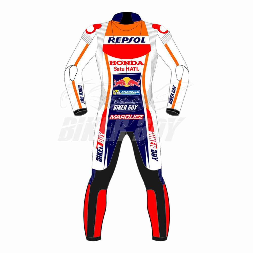 2023 Marc Marquez Repsol Honda MotoGP Race Suit – Premium full leather racing suit offering maximum comfort, safety, and agility for Marc Marquez during the 2023 MotoGP World Championship.