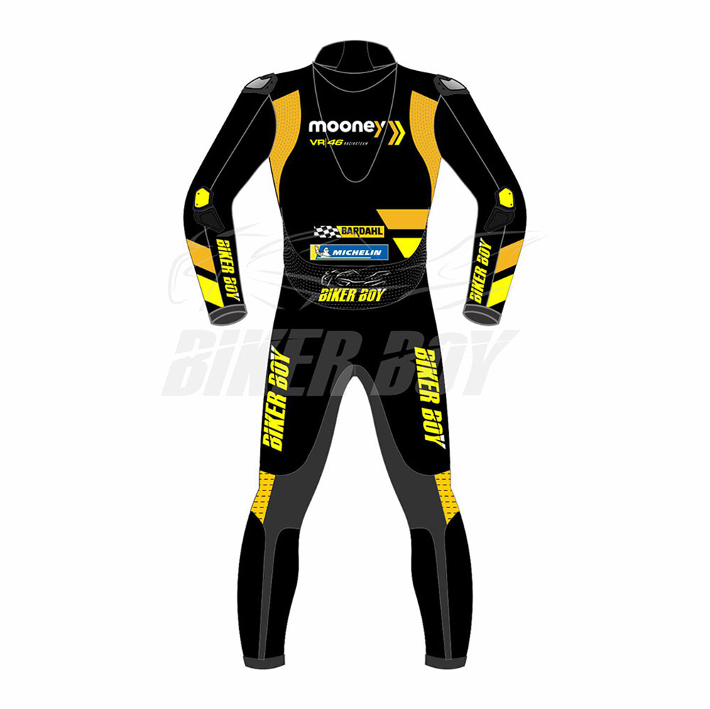 Marco Bezzecchi 2023 Mooney VR46 MotoGP Race Suit – Full leather gear designed for ultimate protection and performance, crafted for Marco Bezzecchi in the 2023 MotoGP season.