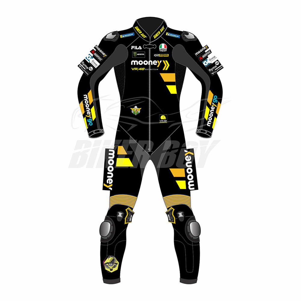 Marco Bezzecchi 2023 Mooney VR46 MotoGP Race Suit – Full leather gear designed for ultimate protection and performance, crafted for Marco Bezzecchi in the 2023 MotoGP season.