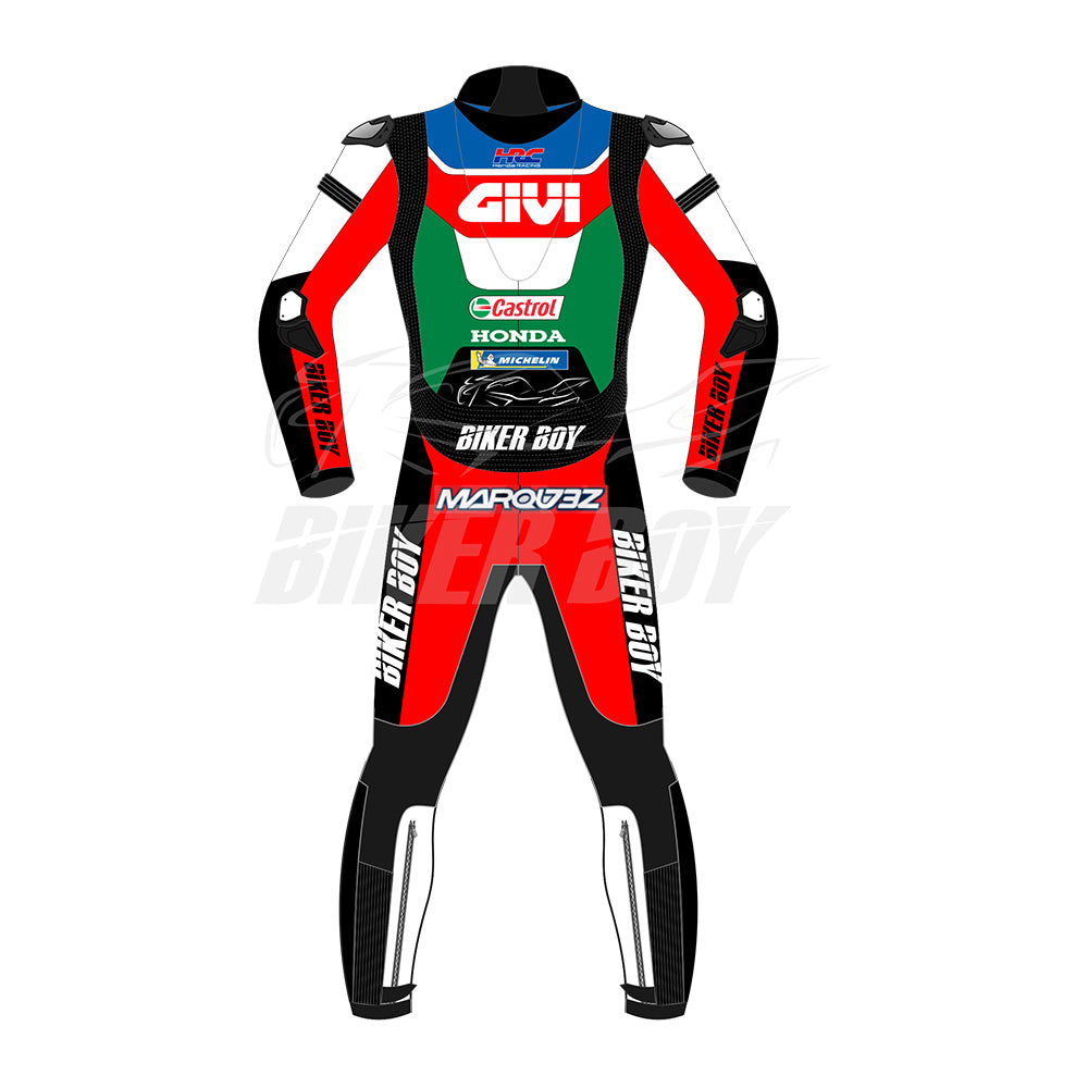 Close-up of Givi Honda MotoGP 2022 racing suit replica worn by Takaaki Nakagami — premium cowhide leather motorcycle suit with detailed stitching, ventilation panels, and customizable racing graphics.