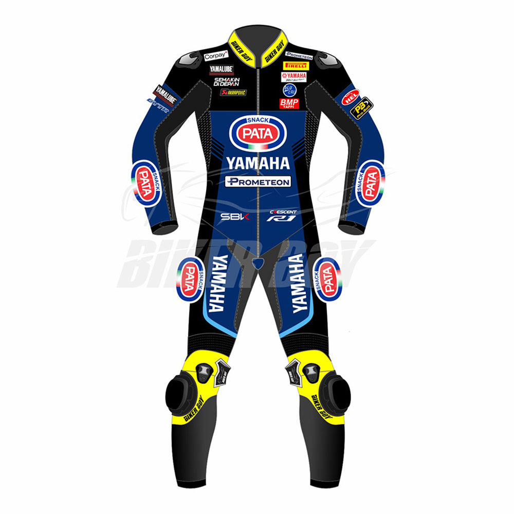 Toprak Razgatlıoğlu 2023 PATA Yamaha WSBK Race Suit – Full leather racing suit designed for high-performance protection, offering superior comfort and agility for Toprak Razgatlıoğlu in the 2023 World Superbike Championship.