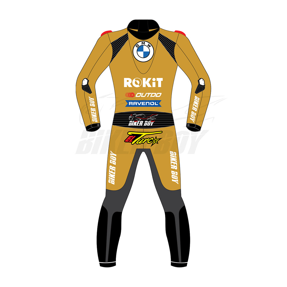 Toprak Razgatlioglu inspired BMW 2024 SBK race suit front view with gold winter test design