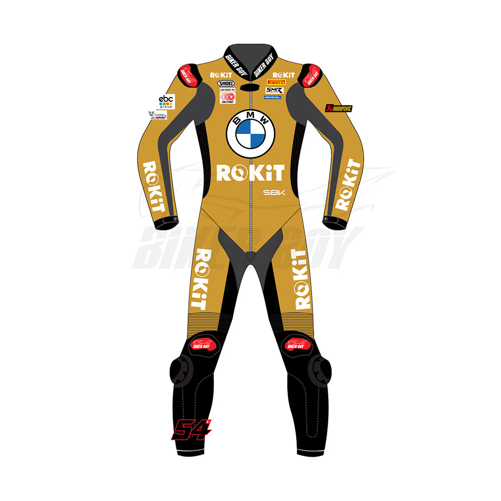 Toprak Razgatlioglu inspired BMW 2024 SBK race suit front view with gold winter test design