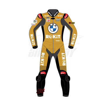 Toprak Razgatlioglu inspired BMW 2024 SBK race suit front view with gold winter test design